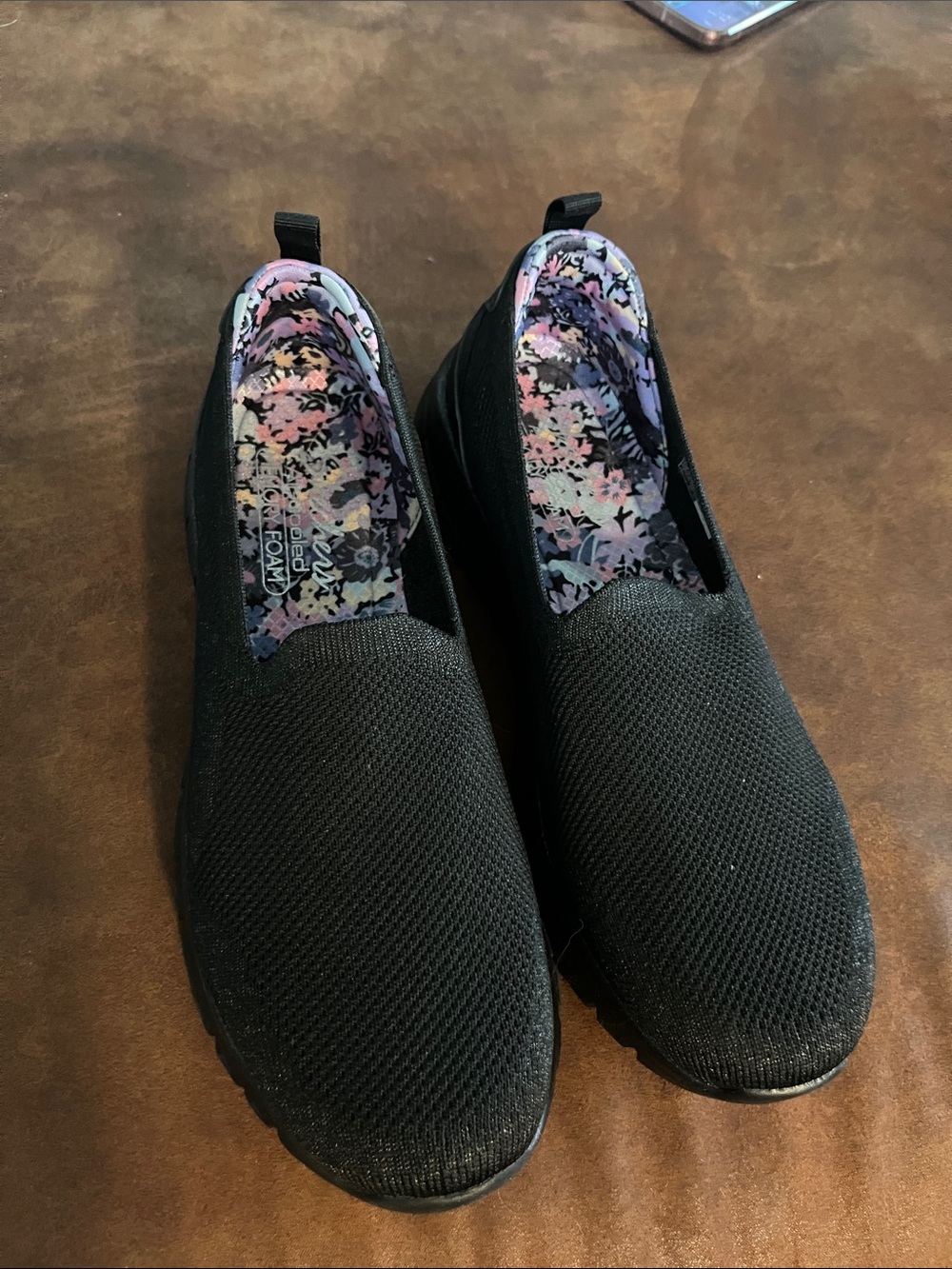 Skechers Black Slip-On Knit Athletic Shoes with Floral Lining